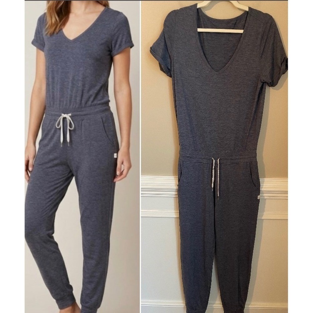 Vuori Lux All Day Jumpsuit Short Sleeve Heather Blue-Gray V-Neck Jogger‎ Size S
